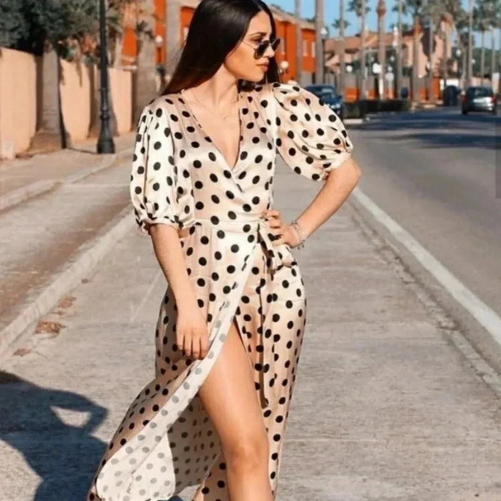 ZARA | Beige and Black Polka Dot Wrap Silk Dress Size S (NWOT) - Picture 2 of 8